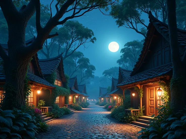 Background of a fantasy rainforest village street with no people, at night