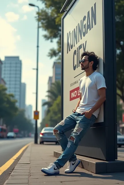 A young Indonesian father aged 40 years old semi long hair T-shirt ripped jeans sunglasses wearing sneakers sits leaning on a billboard that says Kuningan city the background of the capital streets looks realistic made with mid journey 