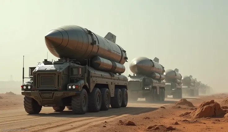 War trucks carring enormous huge and big hypersonic missiles