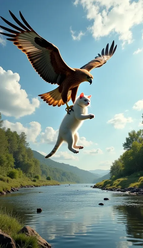 🔟 Image Prompt: The Hawk Holding the White Cat Over the River

A large hawk is soaring above a wide, flowing river, gripping a medium-sized white cat in its sharp talons. The cat's body hangs in mid-air, its front paws reaching out desperately, while its l...