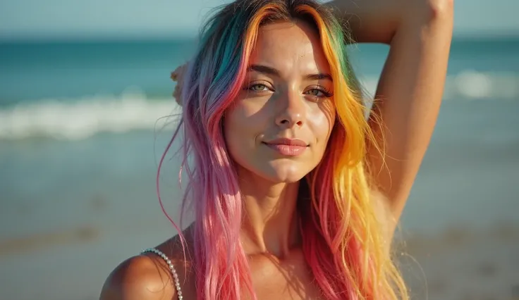  best quality , filles, thin, couleur a  c-en-ciel Eyes, Hair color rainbow color,  long scattered hair , white skin, average, Pretty, sexy, Bikini,  Overexposed skin , Highly colored , disco,  Open legs ,  blushing ,  smile,  full body 