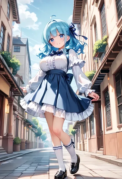 Prompt:girl,(straight hair),standing,((building:1.5)),((kawaii&sweet off shoulder drawstring ribbon flare long sleeve blouse:1.5)),((white frill lace up skirt:1.5)),((white lace up socks:1.5)),((black shoes:1.5)),(highlight:1.5),((best quality:1.5)),((slim...