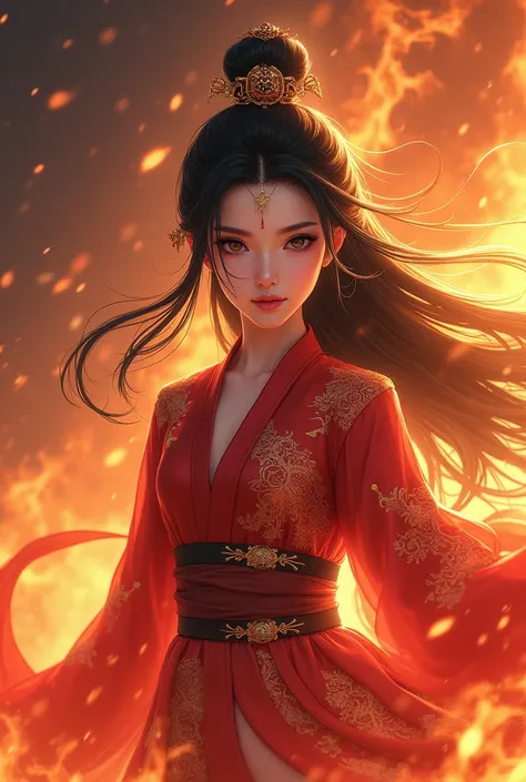 rebirth of the empress chinese style anime girl with black hair on background fire fantasy