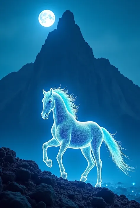 In the dark Galloping fantasy horse made from water on a mountain and in the background the moon and the picture is colored with blue lights