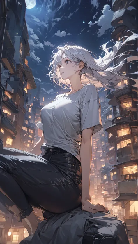  of the best quality , very good, 16K, Absurd,  extremely detailed, Beautiful woman sitting on a ring hanging between two tall buildings, Gaze into the distance , Wearing a long, loose T-shirt,  Charming Appearance , wind, wind-effect, Moonlight night view...