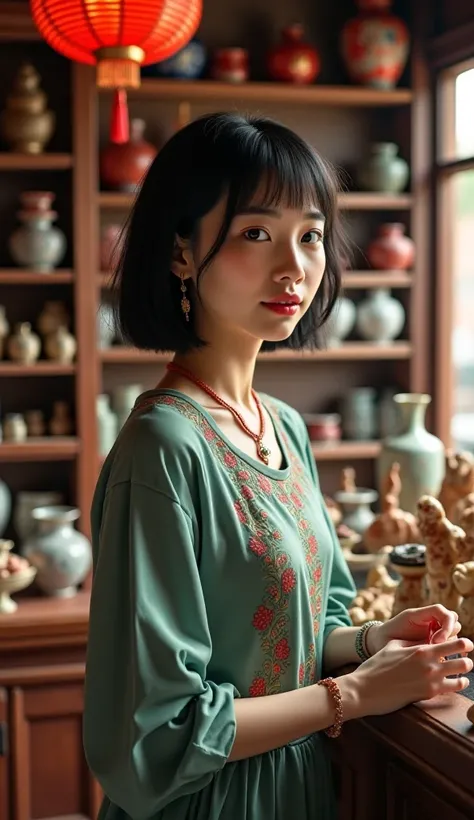 Chinese lady with short black hair in a shop in china