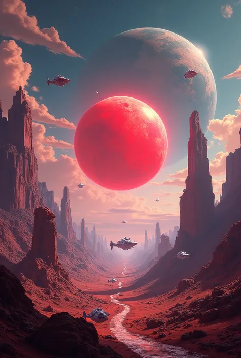 Make a design with no mans sky game add red orb and different planets with space ship or aliens 