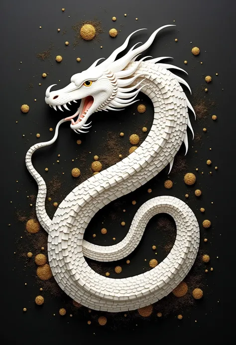 paper cutting art, a white snake god cut out of black paper, with gold dust sprinkled all over the piece, conceptual installation art, cool beauty, ultra detailed, absolutely resolution, masterpiece