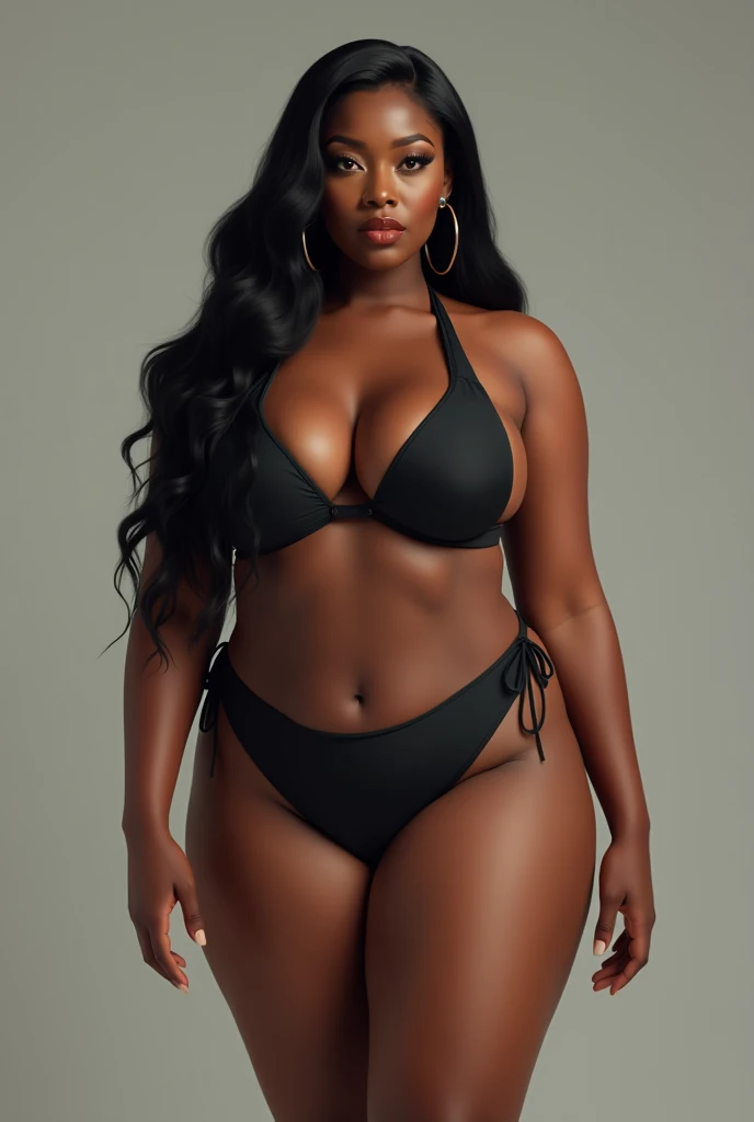 full body shot of black thick woman with  big booty, thick legs, thick arms, wide hips, long straight black hair, huge booty, black bikini, 