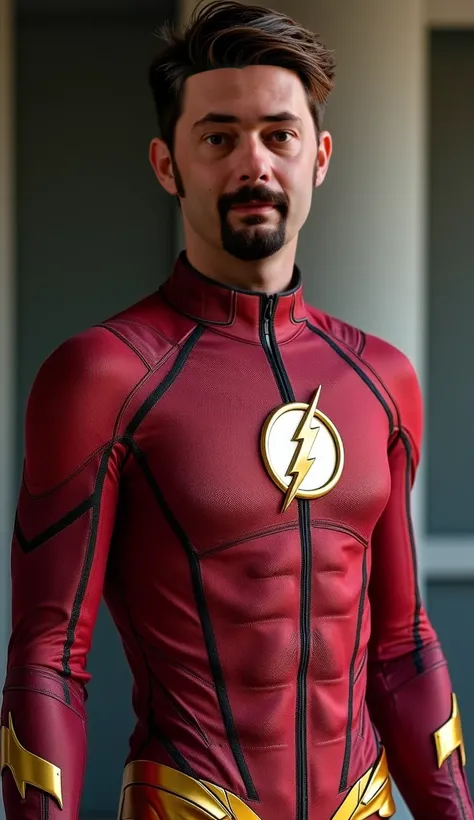 "Full-body shot: A young man with short hair wearing a detailed, form-fitting Flash suit with red and gold colors, a lightning bolt emblem, and textured fabric. His face remains fully visible, matching the reference image. He stands confidently, with smoot...