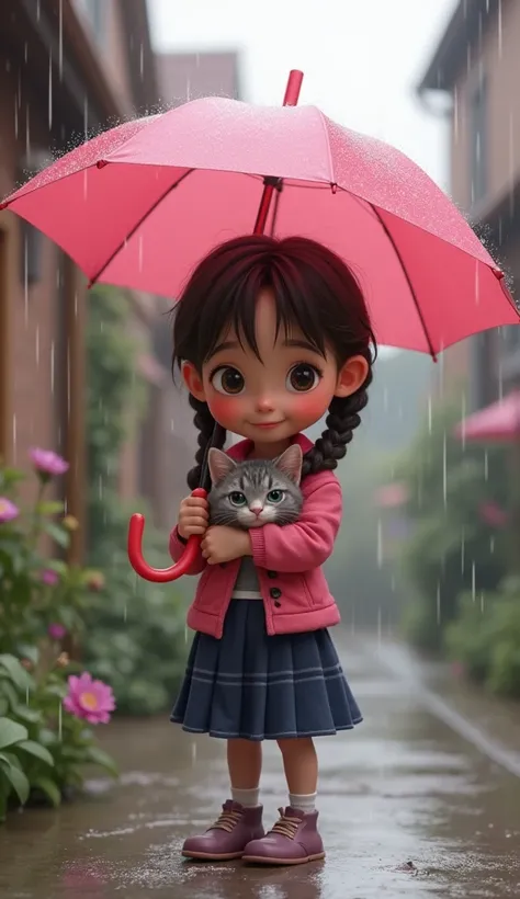 Lily, braided hair, wear school uniform, dark blue skirt, wear pink jacket, holding her tiny pink umbrella. A Rainy Street, Lily wraps the grey kitten in her jacket, in front her home, (pixar style)