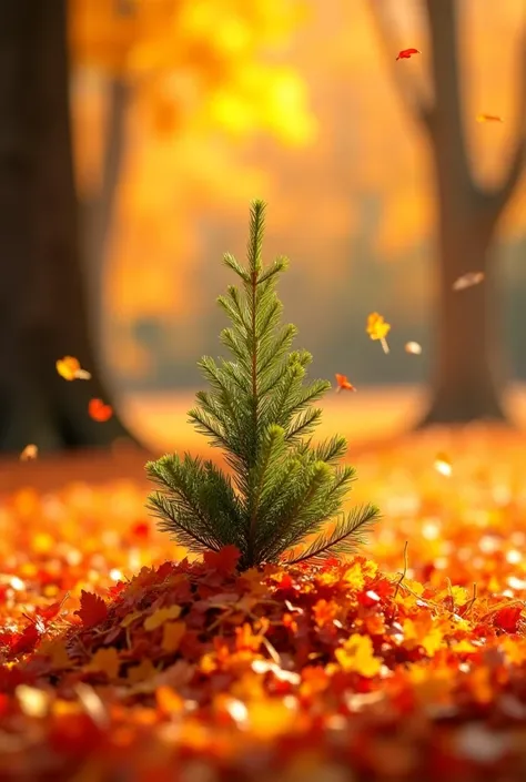 Golden and red autumn leaves drift gently to the ground, blanketing the small pine sapling almost completely. Only the tip of its green needles peeks out from under the pile of leaves. The surrounding trees have warm autumn colors, with the air feeling cri...