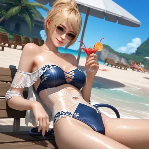 Yukino, (Off-the-shoulder strapless bikini, silky lace, high leg, chest and abdomen cut-out swimsuit, swimsuit color is drawn randomly), resort beach, bench, beach umbrella, sexy, sunglasses, blue Hawaii cocktail, cocktail glass, , anatomically correct, A ...