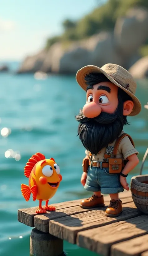 A tiny fish talking with a black beard fishermen, 3D cartoon image