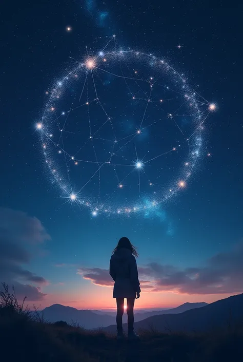 make me an image of constellation that is based on my personalities, my personalities are: adventurous, likes to read romance books, likes to watch series and movies, likes kpop, likes to watch nature, likes to dance, likes to listen to music, prioritizes ...