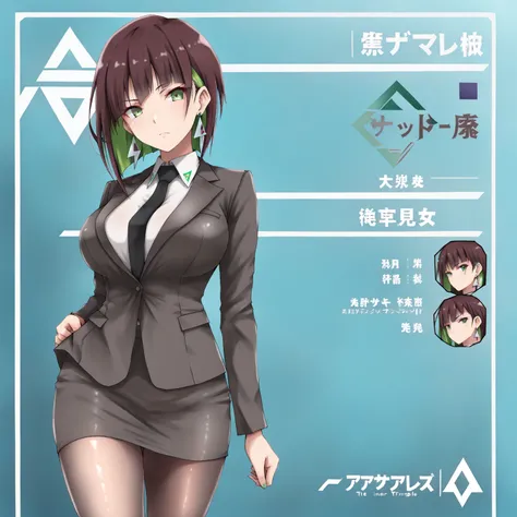 masterpiece, (((( best quality )))),1 girl, Japanese Anime ,character profilele,shiny skin, wearing a black suit,skirt suit, black tie , dark hair, short bob hair,The inner color of the hair is green, green eyes,isosceles triangle earrings, black tights,la...