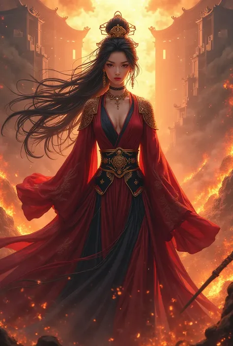 rebirth of the empress chinese style anime girl with black hair on background fire fantasy war