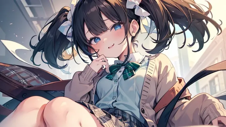 (8k、  best image quality、  top quality、 Masterpiece)、  detailed face、  one girl、    black hair、  twin tails、  light blue eyes、 、(( green))、  small breasts、((  white shirt ))、((  brown cardigan))、((  Plaid Pleated Skirt))、 Rough Breathing ,  ahe face,  red ...