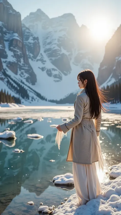 prompt: |
  An 18-year-old young girl stands gracefully by a tranquil, snow-covered lake, surrounded by towering, ethereal mountains that seem to touch the heavens.  
  The crisp winter air glows with a soft, otherworldly light, as if the entire scene exis...