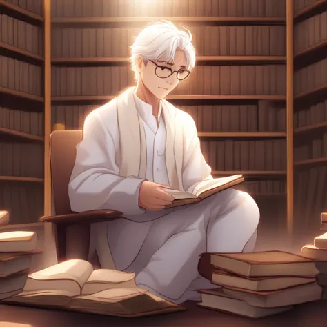 A young man with silver hair, wearing glasses and a white lab coat, sits in a quiet library. He has a calm and intellectual expression, with his eyes focused on an open book in his hands. The background features tall bookshelves filled with books, warm woo...