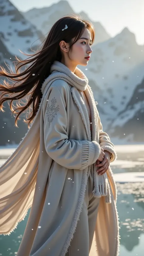 prompt: |
  An 18-year-old young girl stands gracefully by a tranquil, snow-covered lake, surrounded by towering, ethereal mountains that seem to touch the heavens.  
  The crisp winter air glows with a soft, otherworldly light, as if the entire scene exis...