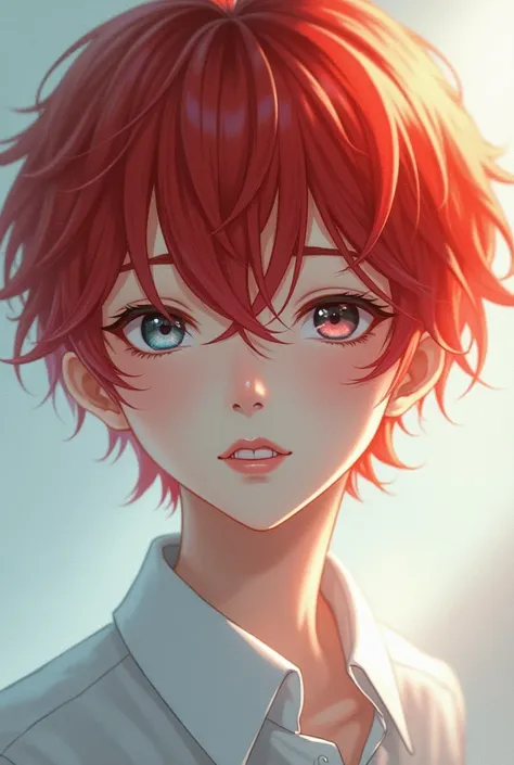 An image of an anime boy. He was ethereal looking and he had a red hair, white eyes and skin. 