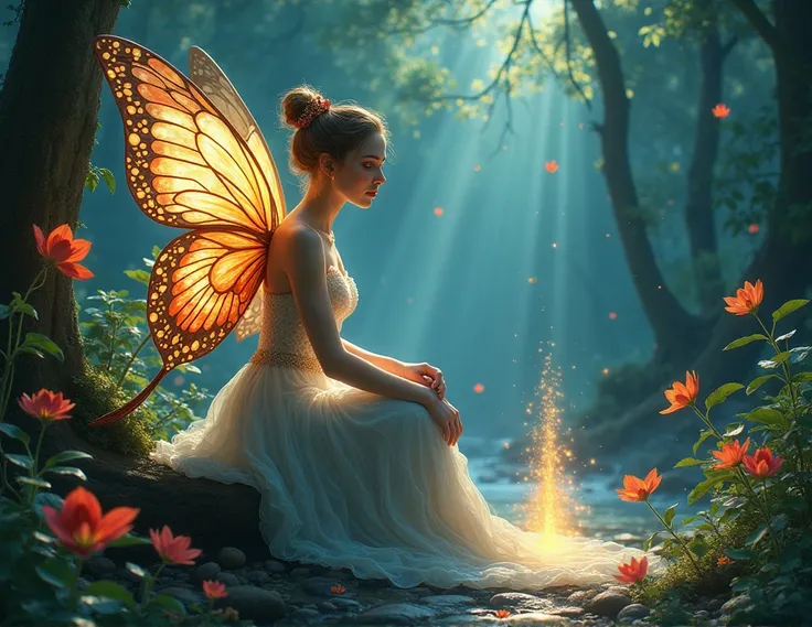  The Fairy of Light appeared in the night forest in spring . She is a beautiful, pale, Shiny female figure with butterfly wings made of stained glass on her back. She wears elaborate and delicate ornaments .  Fantastic forest fountain with wild flowers .. ...