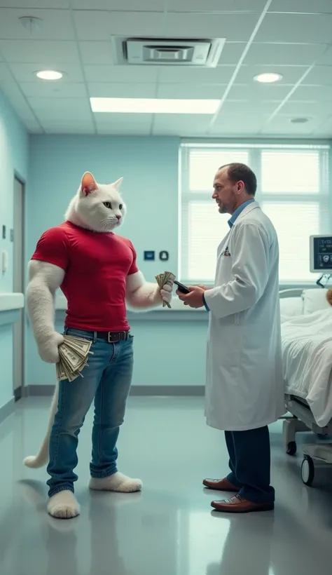 Inside a sterile, white hospital room, a muscular, bodybuilder white cat wearing a tight red t-shirt and blue jeans enters, carrying a thick wad of cash in its paws. The cat approaches a calm doctor in a white coat, who stands by a patient’s bed, checking ...