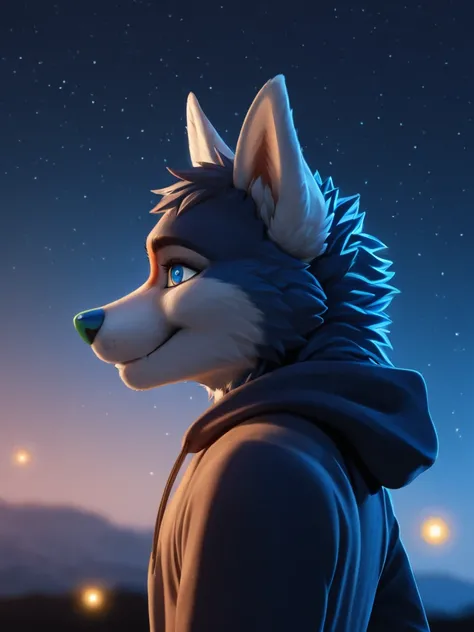 booper ,  Fluffy fur,  shiny blue eyes, wolf,  rainbow mohawk ,  rainbow nose , white ears ,  smile, Dressed,  hoodie , night sky background,  light particles ,
stars, night sky,  Diego Gibert Llorens ,  Josan Gonzalez , Dan Mumford,  masterpiece, (spicy:1...