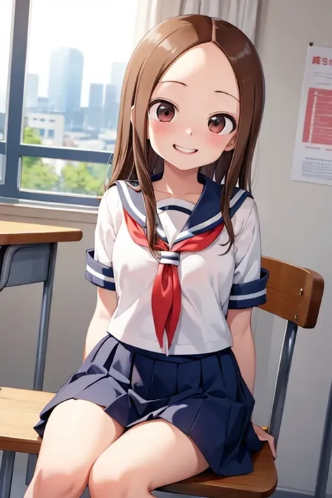 (takagi-san )
  upper body：sailor uniform
下半身：
 subject size：Girl
background ：Classroom
timer：Twilight sky
expression： evil smile
posture ：sitting
