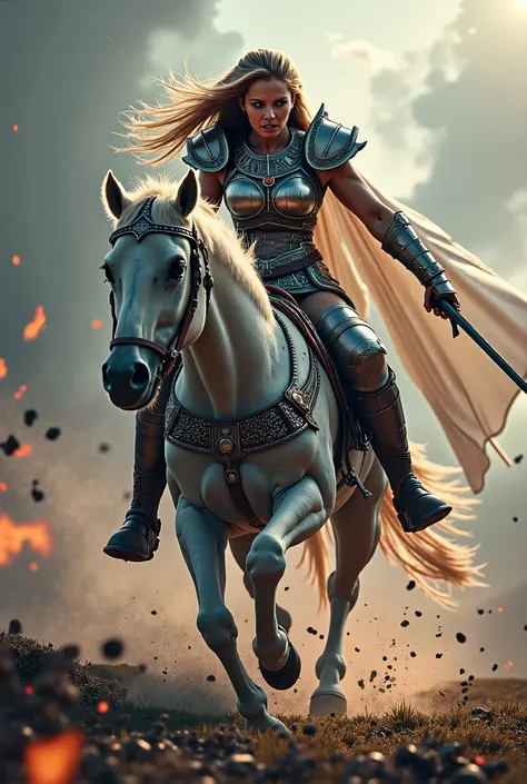 Vikings Goddess Valkyrie on a horse, angry look, dramatic war background
