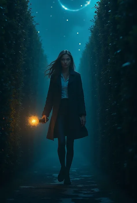 A 25-year-old girl with blue eyes ,  in a maze on a night with a torch in her hand