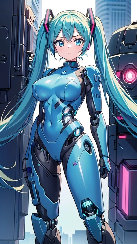 Masterpiece, ((1 Girl)), Hatsune Miku, Twin Tails, Aqua Blue Hair, Aqua Blue Eyes, Mecha Musume, Semi-Monocoque Body: 1.5, (Cyborg Soldier Girl: 1.5)), pcpcpc, staeking light, safe delivery type, (cyber punk), big boobs, sexaloid: 1.5