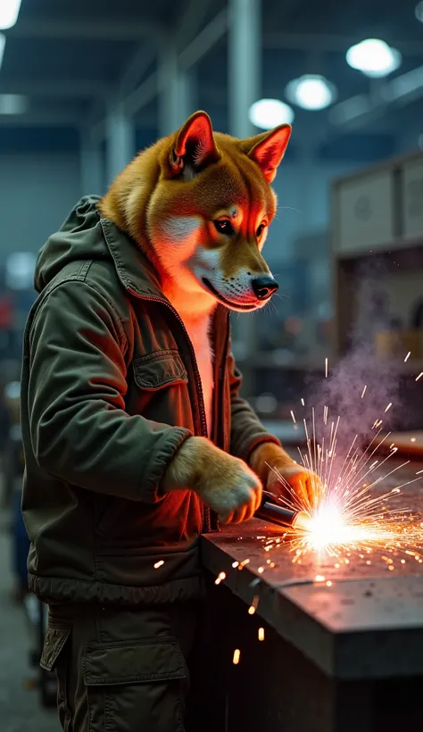 Muscular Shiba Inu Wearing Coat Pant Like A Human Being , Shiba Inu Looking muscular, Doing welding work in a factory, Spark of a welding can be seen in background, Glowing Neon Effect , Shiba Inu Looking at Welding 