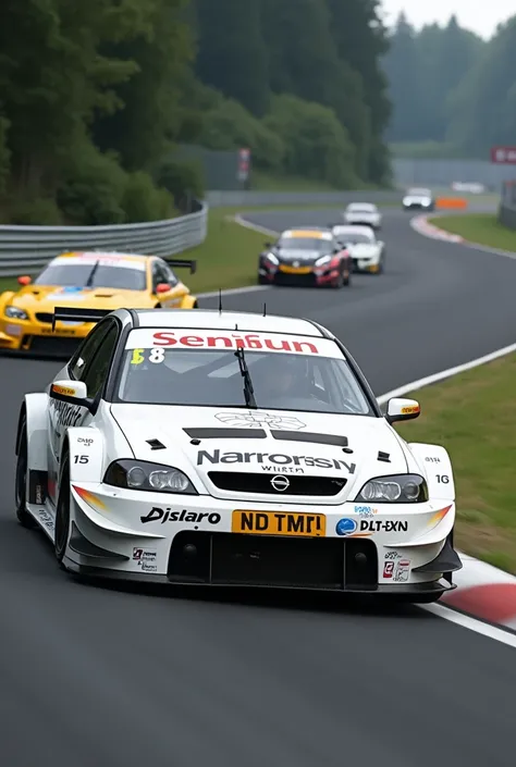 Opel Astra V8 DTM 2001 Nurburgring Edition,  color white, cruzando a high speed trazando las curvas desafiantes de la pista Nürburgring Nordschleife, racing vehicle, high speed,  aerodynamic and aggressive body, Race track, racing vehicle con patrocinantes...