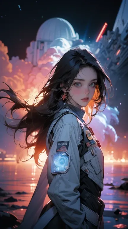 a beautiful girl in a sleek spacesuit, detailed facial features, long flowing hair, standing in a vast cosmic landscape, glowing nebulae and stars in the background, cinematic lighting, highly detailed, 8k, photorealistic, masterpiece