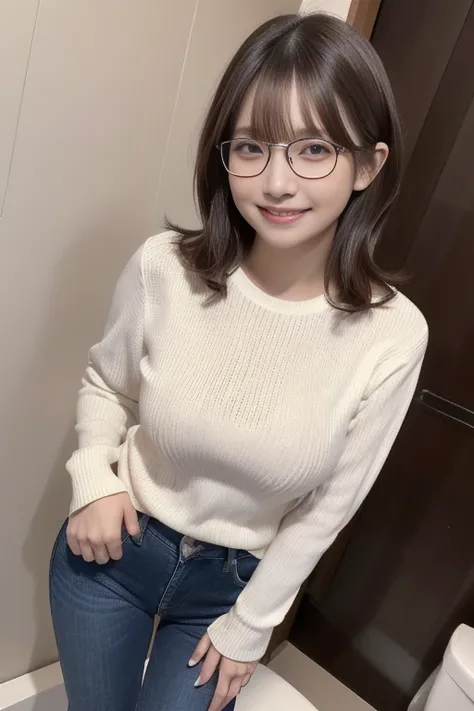 ((( adult woman,  small breasts,  thin legs))), (((light brown wavy bob hair, bangs)))、(((White long sleeve knit, blue skinny jeans)))、(((Round face, black glasses,  black)))、(((grinning face: 1.3)))、  ((standing with hands on hip)),  Japanese 、(((Big Chee...