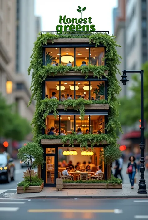 Make a mini building on a busy street where at the top there is a gym with people exercising, then it says Honest greens with green letters and at the bottom of the building there is a restaurant with healthy food that you can see through the windows and a...