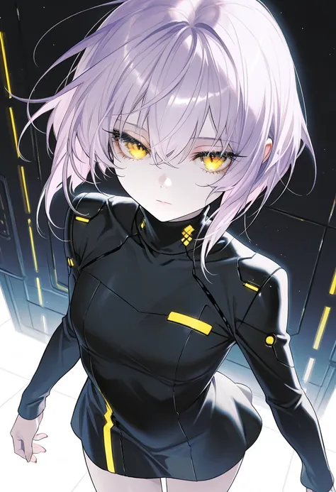 One girl, masterpiece, best quality, beautiful eyes, expressionless, clear skin, long eyelashes, golden eyes, light purple hair, short bob, loose hair, long sleeves, cyber short dress, turtleneck dress, black dress, futuristic