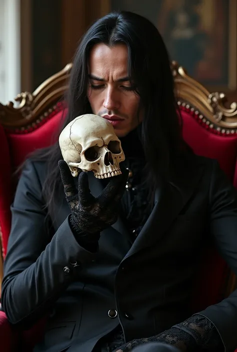 Love beyond time, high quality, gothic horror, one-man, solo, beautiful man, king of the night, emperor of darkness, long black hair, long eyelashes, closed eyes, narrow face, mole under the eyes, slim body, black demon costume with medieval European red, ...