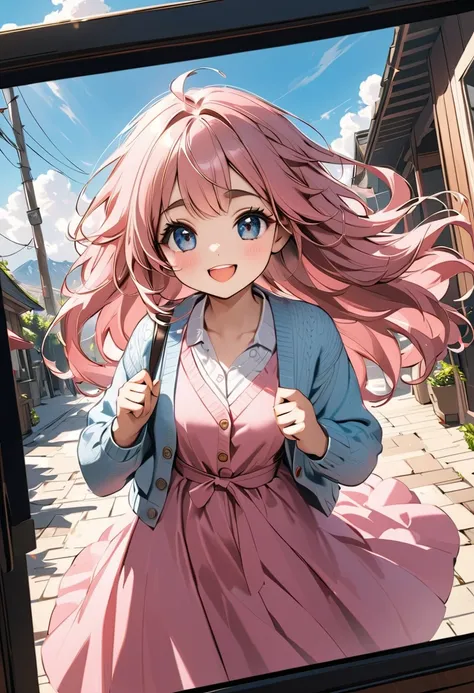  1 girl,   pink fluffy hair, long hair like wool :1.4, Ram&#39;Horn:1.3,  thick eyebrows:1.6, ((   pink dress ,   sky blue cardigan  ,   brown boots  )), smile,   hair and clothes blown in the wind   ,   Compa,   Beautiful Expression of Light  ,   Movie Li...