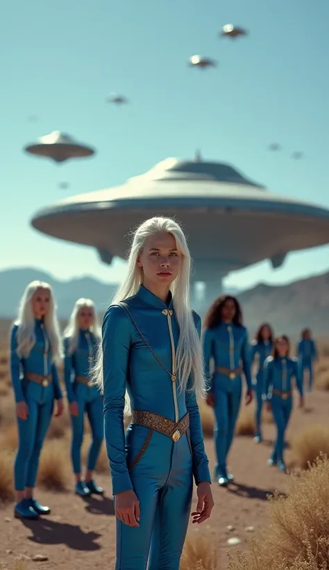 there are ten 22 years old men of galactic federations with pale skin, blue eyes and they have long white hair and long black hair, They are stand on the Arizona Hill in front of the mothership, they wearing blue metalic uniform, and the background many UF...