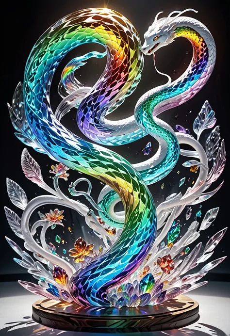 ultra detailed, absolutely resolution, masterpiece. 
a white snake god, snake tongue. 
carving rough raw gemstones sculpture art, rainbow color, transparent, 
various iridescent effects, extremely delicate depiction, extremely clear image, bold and dynamic...