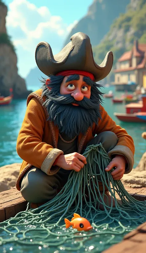 A blackbeard fishermen saw a struggling tiny fish in his net, 3D cartoon image