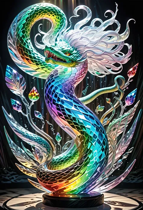 ultra detailed, absolutely resolution, masterpiece. 
a snake god, snake tongue. 
carving rough raw gemstones sculpture art, rainbow color, transparent, 
various iridescent effects, extremely delicate depiction, extremely clear image, bold and dynamic, cont...