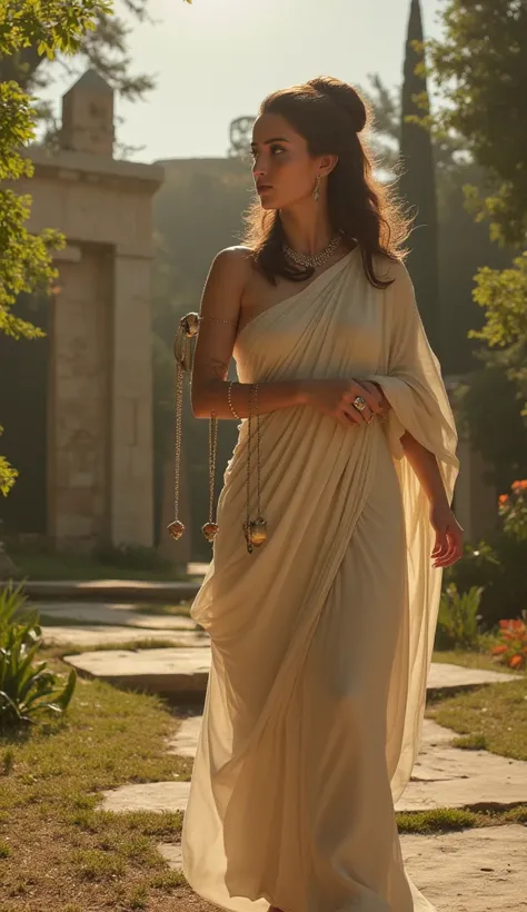 ancient greek beautiful woman walks towards the ring