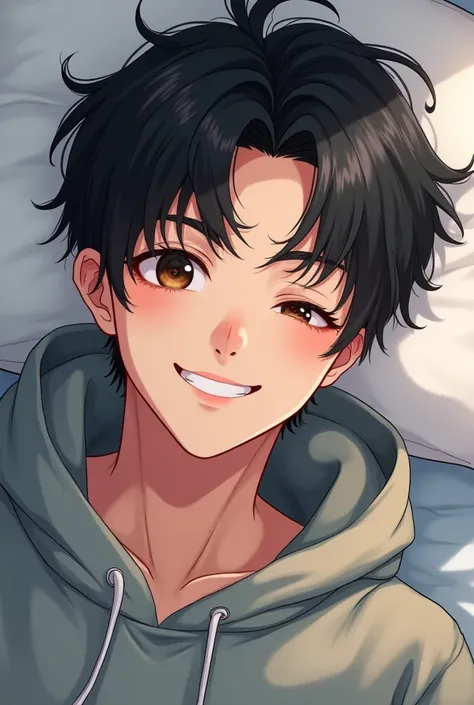 A young half Asian half American man around 19 years old with black hair, handsome, 189 cm height, strong muscular body, semi-real illustration style, laid back on the bed with his hoodie in a relaxing smile, looking down at the camera, ultra high definiti...