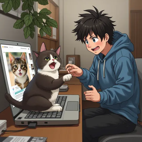 Imagine a dark brown tabby and white Munchkin cat, a Japanese man with messy hair wearing a blue hoodie and black jeans, a Japanese man using a laptop in his room, a cat image displayed on the PC screen, the cat relaxing on the keyboard of the laptop, and ...