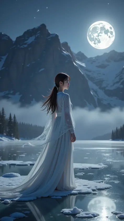 prompt: |
  An 18-year-old young girl stands at the edge of a vast frozen lake, illuminated by the pale glow of a full moon.  
  The icy surface reflects the night sky so clearly that it seems like a portal to another world.  
  The towering mountains in t...