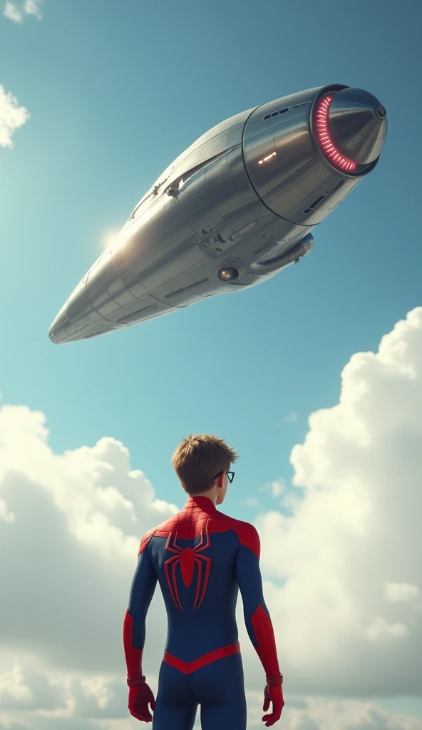 And baby Spiderman is standing there watching. finally the alien ship flying sky